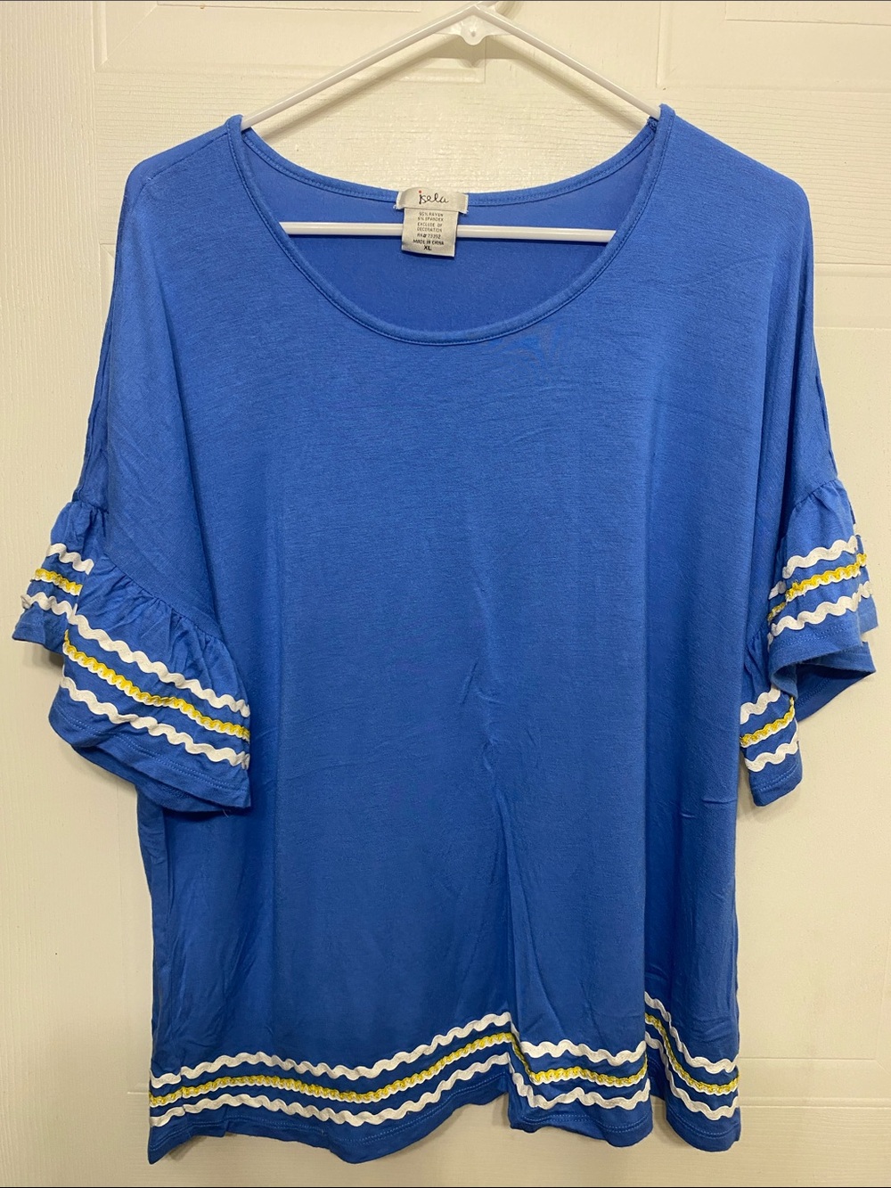 Oversized Royal Blue Ruffle Sleeve Top with White & Yellow Trim